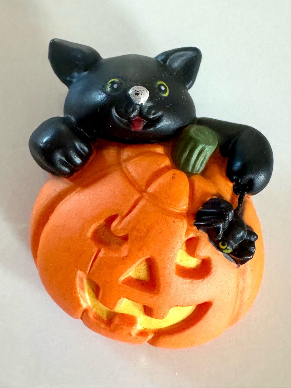 Vintage Adorable Green-Eyed Black Cat Hugging Pumpkin